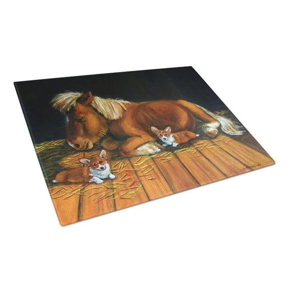 Carolines Treasures 7323LCB Corgi Snuggles the pony Glass Cutting Board Large 12H x 16W multicolor