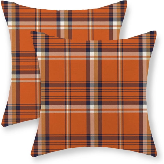 Fall Pillow Covers 18x18 Set of 2 Orange Navy Blue Plaid Throw Pillows Autumn Harvest Thanksgiving Decoration Pillowcase Farmhouse Linen Outdoor Fall Decor Cushion Covers for Couch Sofa Home