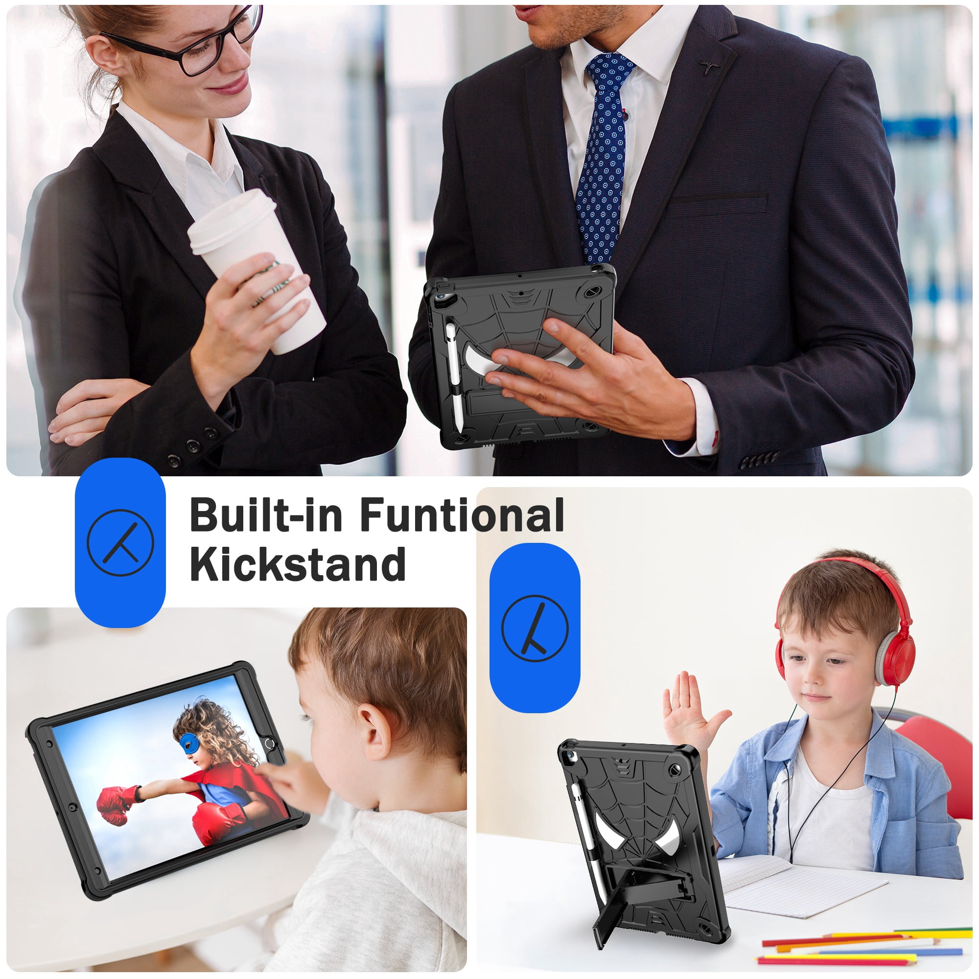 ELEHOLD Kids Case for iPad 9th/8th/7th Gen 10.2" 2021/2020/2019, Heavy Duty Rugged Cover with Foldable Kickstand Crossbody Shoulder Strap Pencil Holder Shockproof Case for iPad 10.2",Black