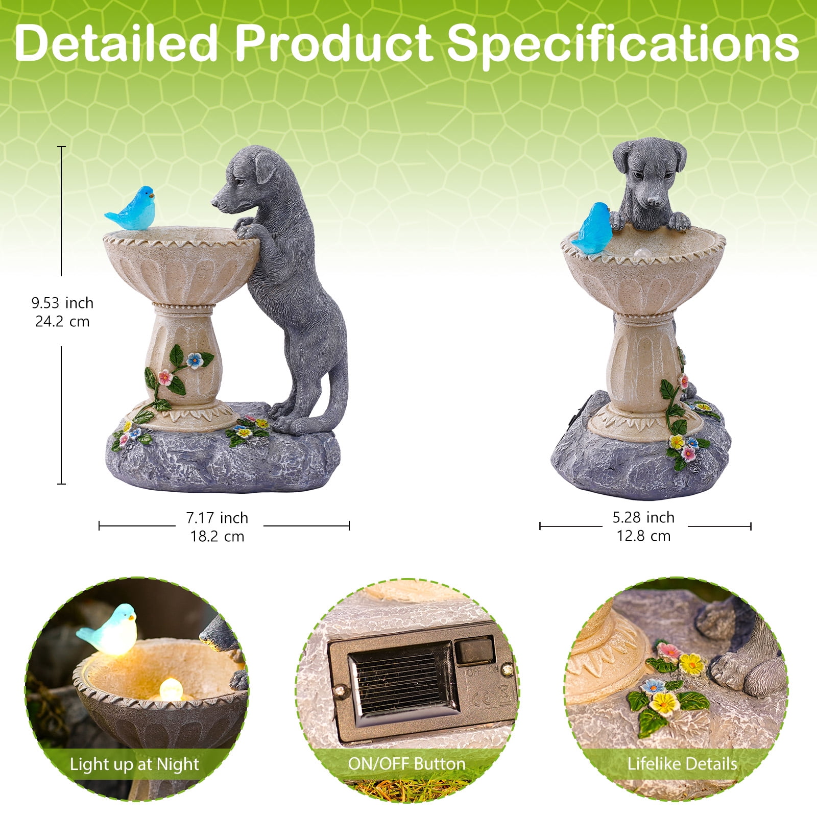Solar Dog Statues for Bird Bath - Outdoor Sculptures for Garden Yard Balcony Porch