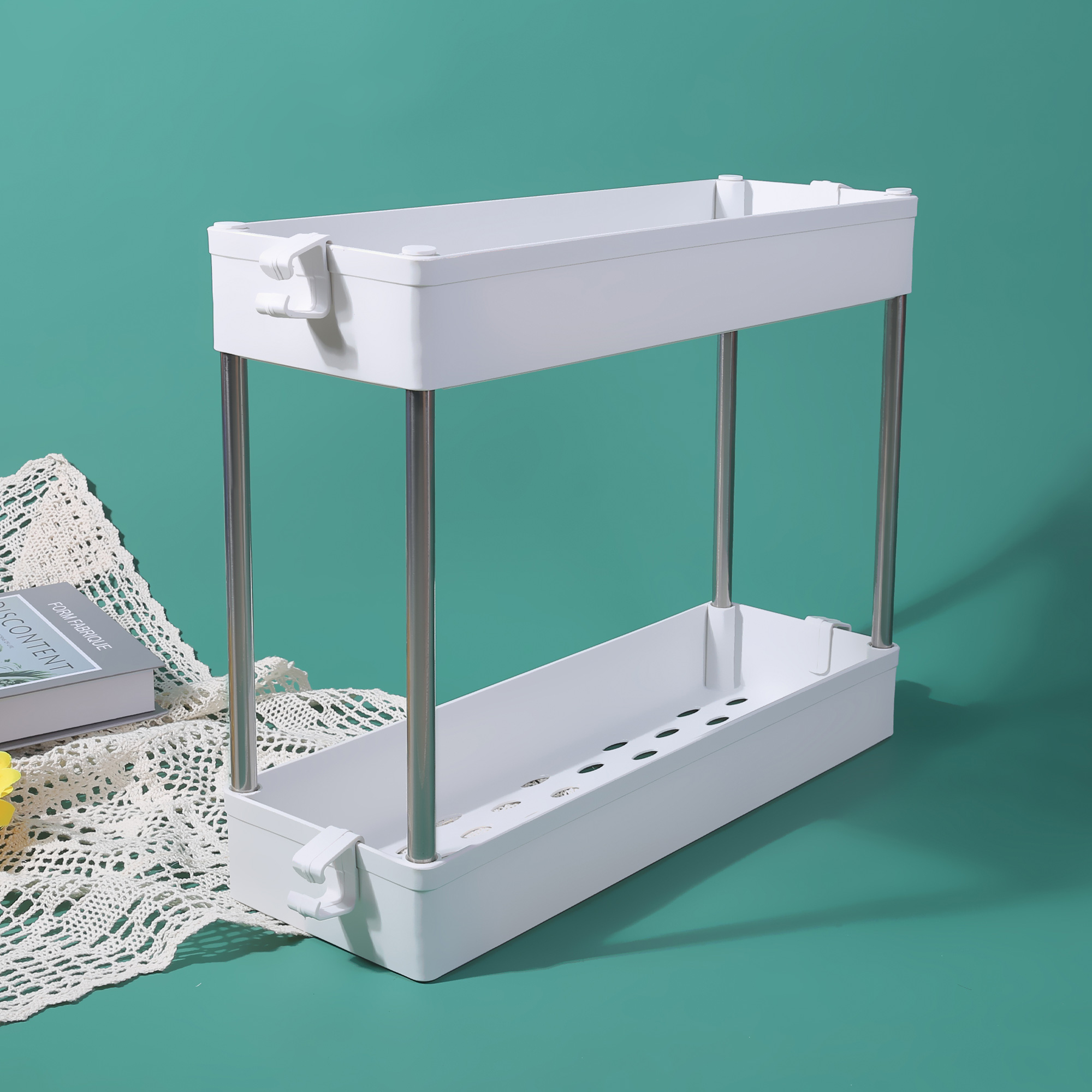 Inevnen Under Sink Organizer, 2 Tier Bathroom Organizer with 4 Hooks