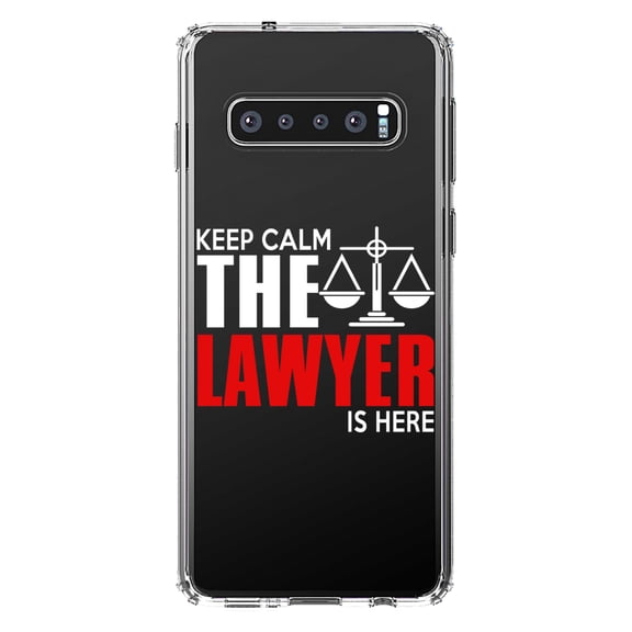 DistinctInk Clear Shockproof Hybrid Case for Samsung Galaxy S10 (6.1" Screen) - TPU Bumper Acrylic Back Tempered Glass Screen Protector - Keep Calm The Lawyer Is Here