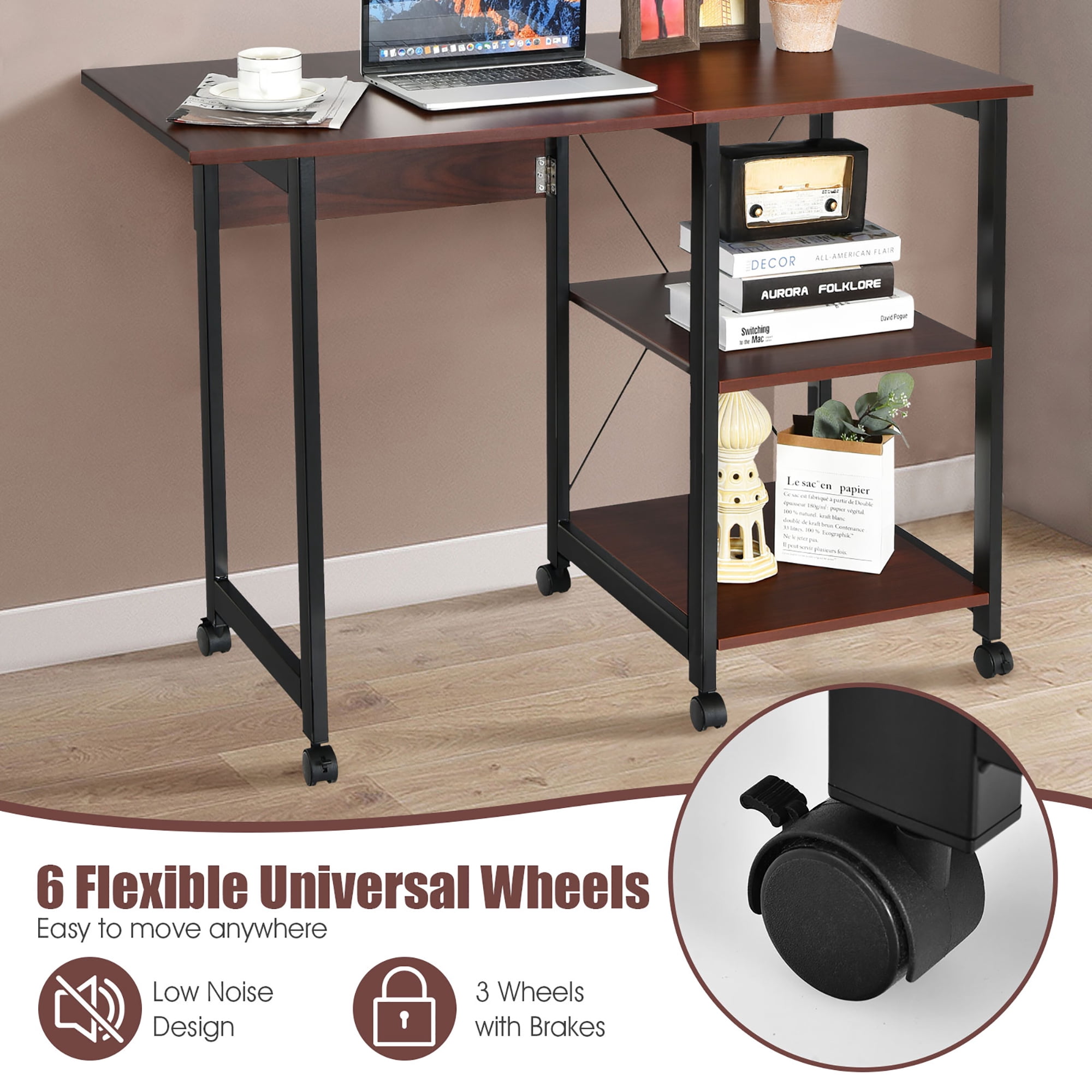 Costway Rolling Computer Desk Folding Writing Office Desk w/ Storage Shelves