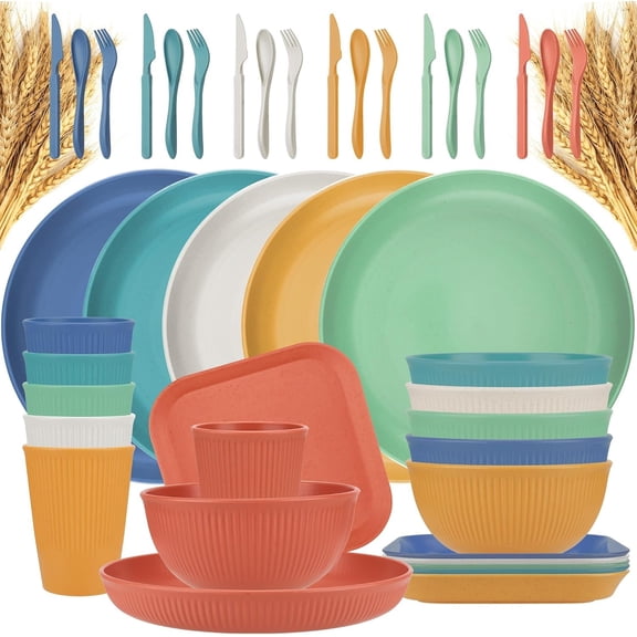 42- Plates and Bowls Sets Wheat Straw Dinnerware Sets Service for 6, Unbreakable Dishwasher Microwave Safe Dishes Set Cups Sets Dinner Plates and Bowls Set for Kitchen
