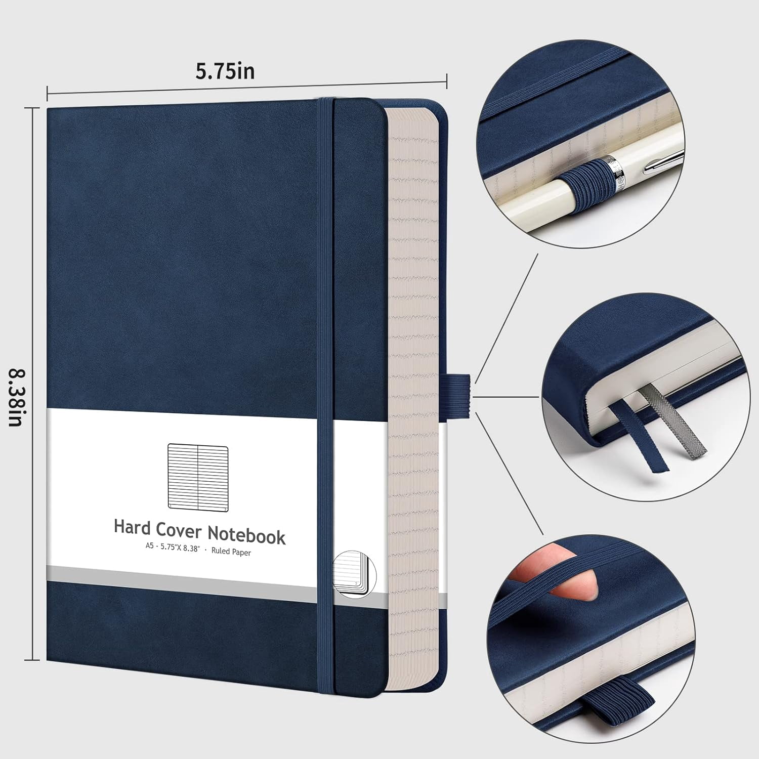 Thick Journal Lined Notebook - 320 Numbered Pages A5 College Ruled Notebook for Writing, 100gsm Lined Paper, Leather Hardcover, for Women Men Work Office School, 5.75'' X 8.38''-Dark Blue
