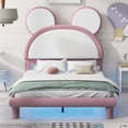 thumbnail image 3 of Full Size Upholstered Platform Bed with Cartoon Ears Shaped Headboard and LED, White&Pink, 3 of 9