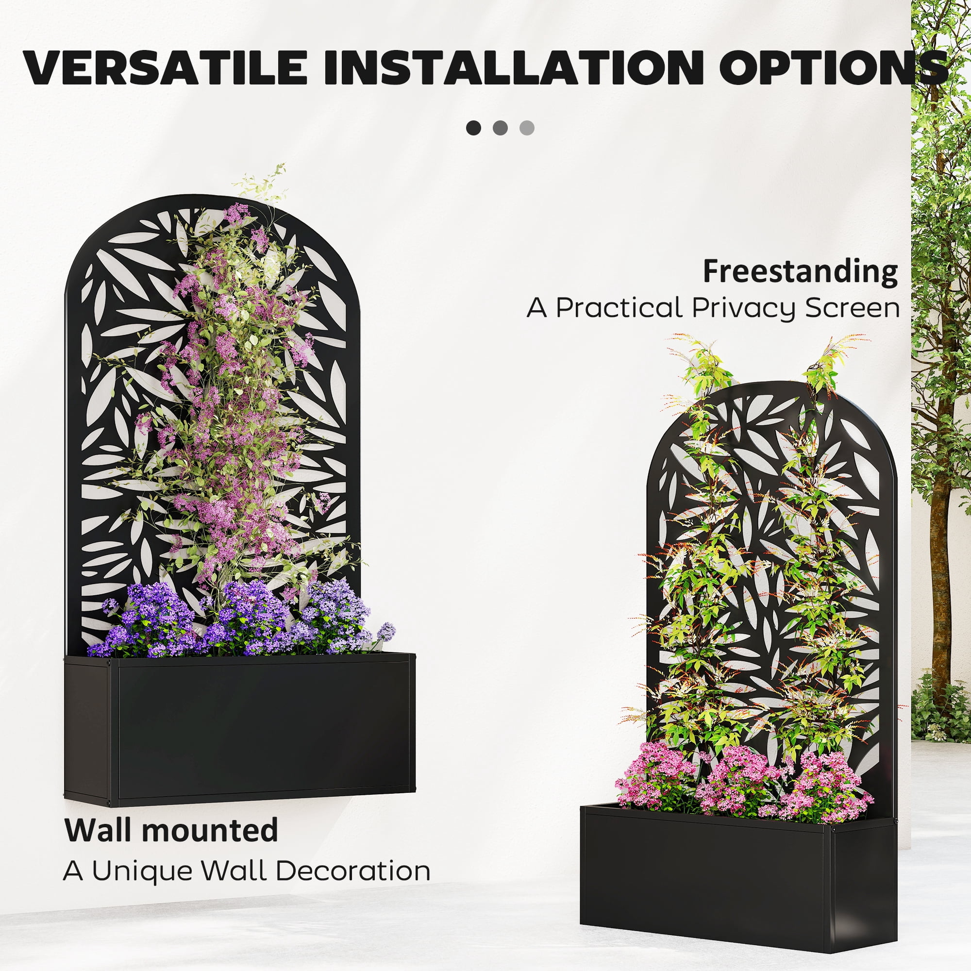 Outsunny Metal Raised Garden Bed with Trellis, Freestanding or Wall Mounted Raised Flower Bed with Curved Privacy Panel for Garden, Patio, Balcony