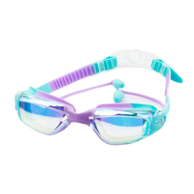Gafas de natación para niños, gafas de piscina con caja de almacenamiento, visión amplia, antivaho, de natación para niñas y niños. Verde púrpura