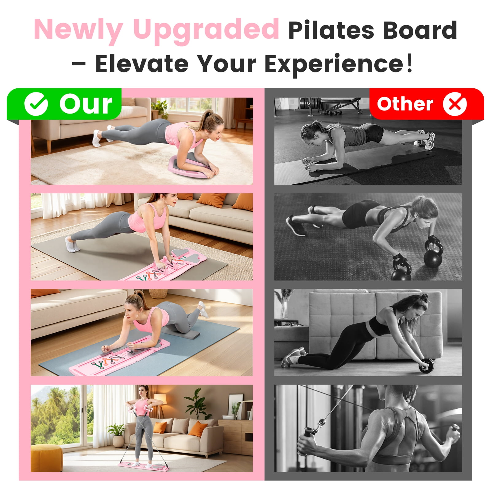RICAN Pilates Board, Foldable Pilates Abdominal Board for Core Strength Training, Multi-Purpose 7 in 1 Pilates Reformer Machine for Women Workout, Exercise, Fitness, Abs, Pink