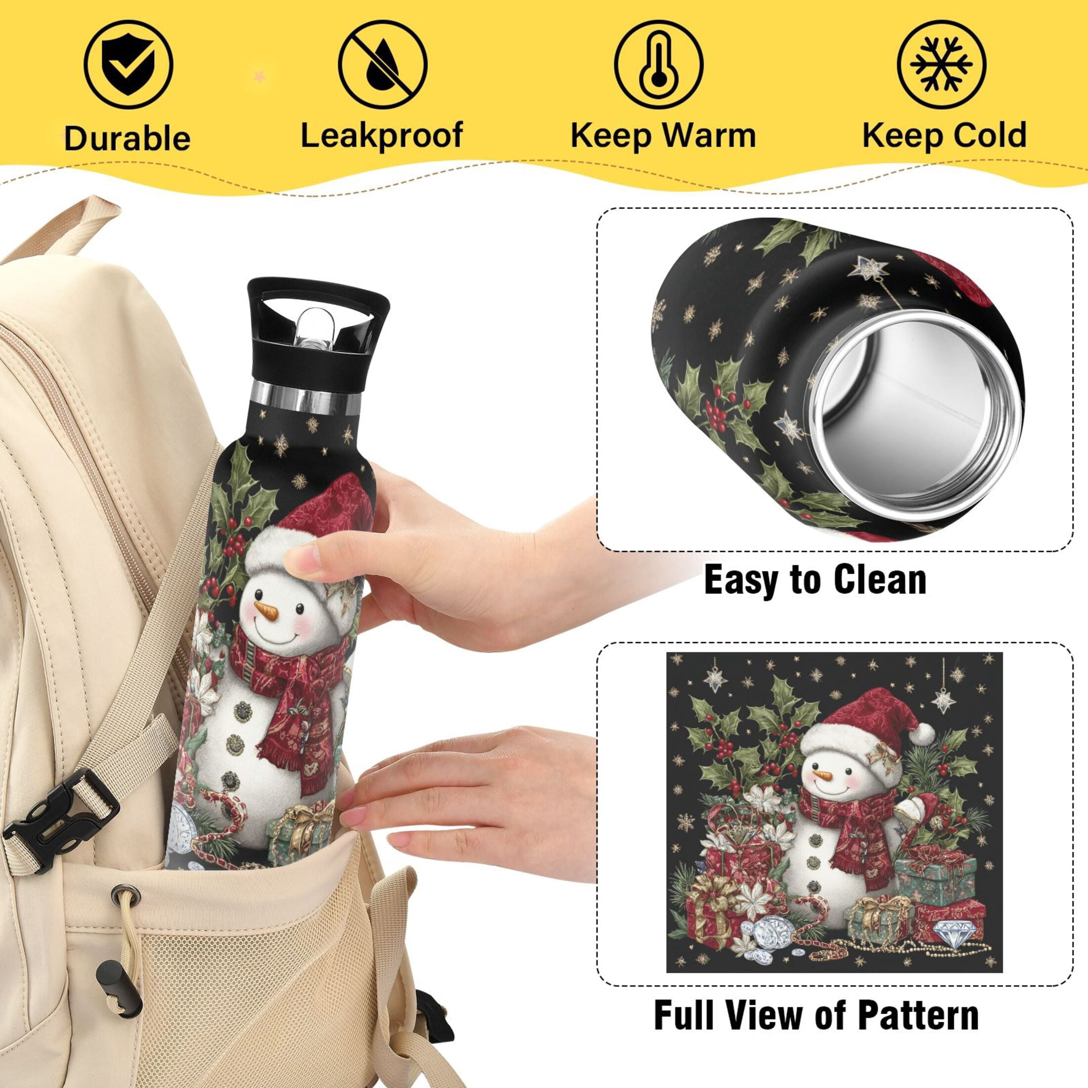 600ML Stainless Steel Insulated Cup Sports Water Bottle Portable Thermos Cup Water Glasses Insulated Tumblers Convenient and Durable Warm Cute Christmas Snowman