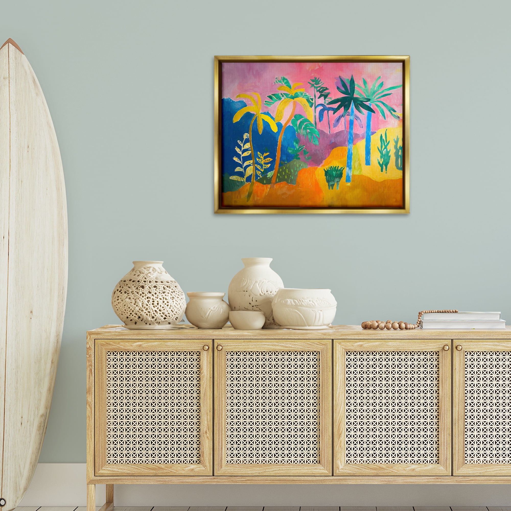 Stupell Industries Vivid Tropical Palms Coastal Painting Gold Floater Framed Canvas Art Print Wall Art, 31 x 25