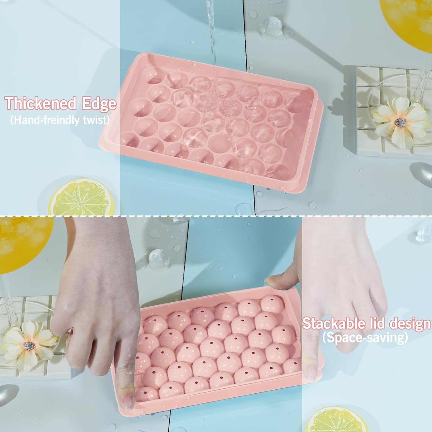 Round Ice Cube Tray with Lid & Bin Ice Ball Maker Mold for Freezer with Container Mini Circle Ice Cube Tray Making 66PCS Sphere Chilling Cocktail Whiskey Tea Coffee (2 Trays 1 Ice Bucket & Scoop)