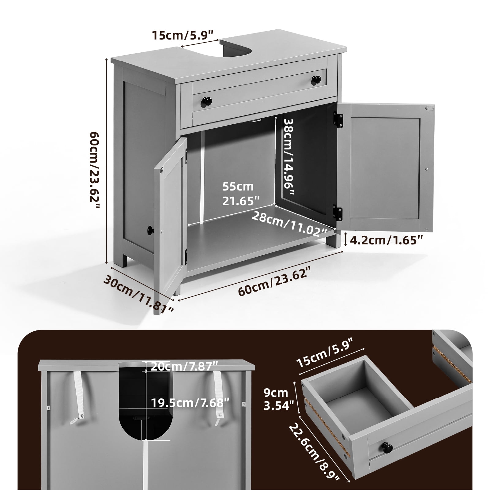 Ktaxon Bathroom Vanity Cabinet, Under Sink Pedestal w/ One Drawer and Two Doors, Wall - mounted Drainage, Gray