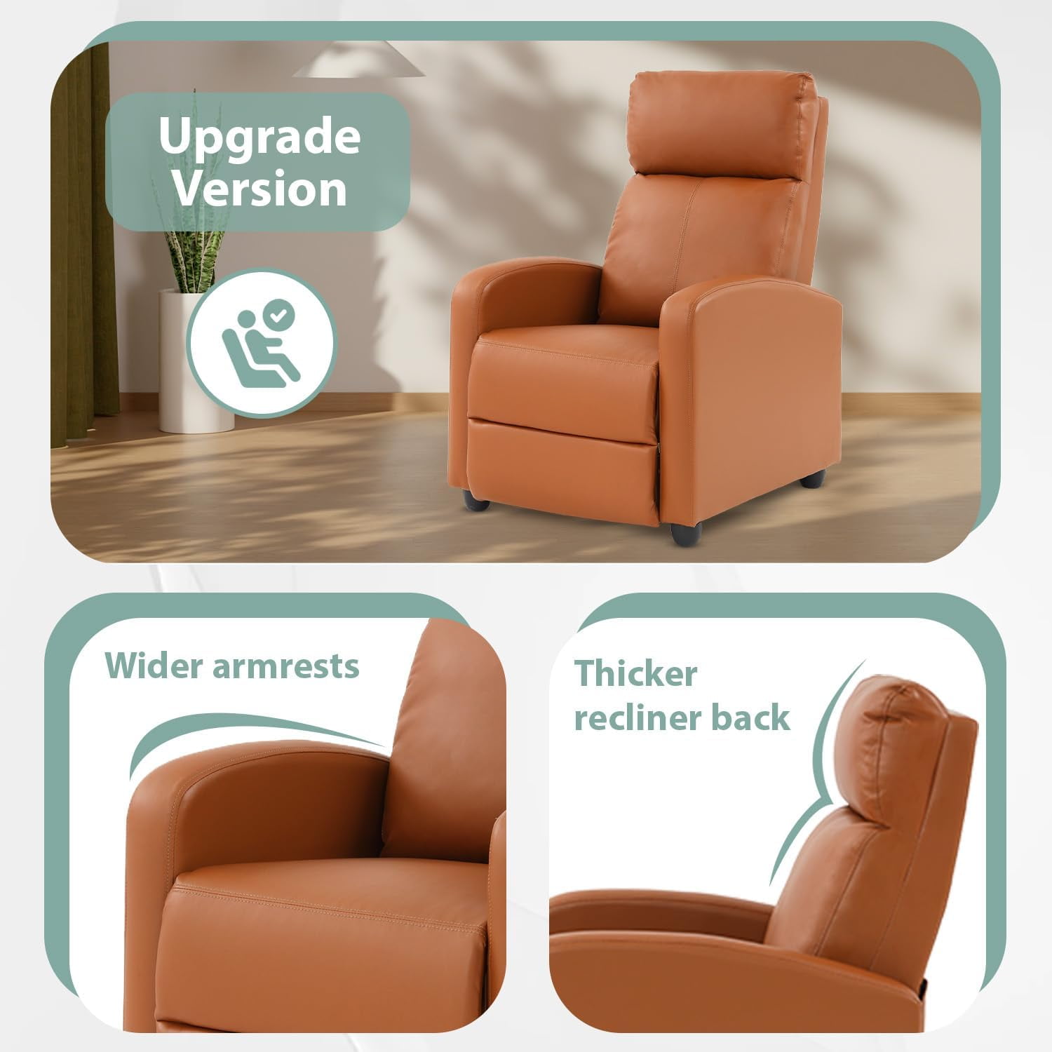 Recliner Chair Padded Seat Pu Leather Reclining Chairs for Living Room Adjustable Single Sofa with Footrest Home Theater Seating Modern Lazy Boy Recliner Sofa Reading Chair, Tan
