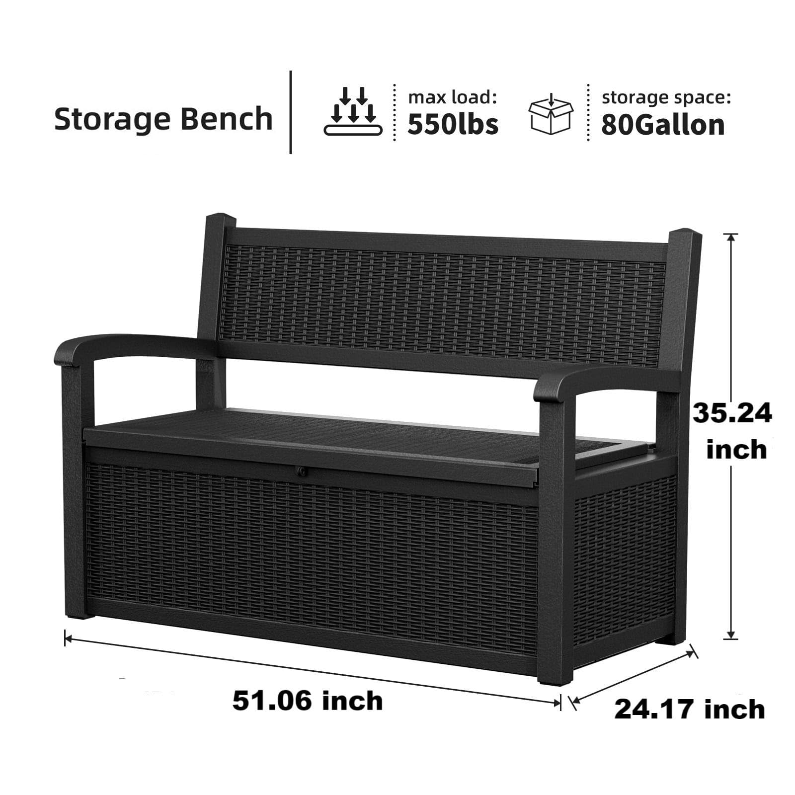 80 Gallon Outdoor Storage Bench Deck Box Lockable for Patio Furniture, Outdoor Porch Bench with Storage Waterproof for Cushions, Garden Tools and Pool Supplies, Black