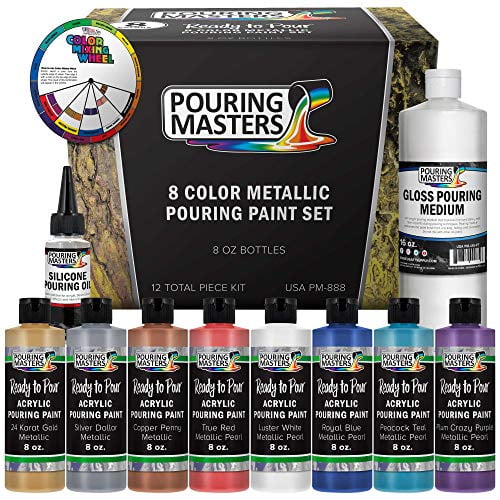 Pouring Masters 8-Color Metallic Ready to Pour Acrylic Metallic Pouring Paint Set - Premium High Flow Large 8-Ounce Bottles - for Canvas, Wood, Paper, Crafts, Tile, Rocks and More