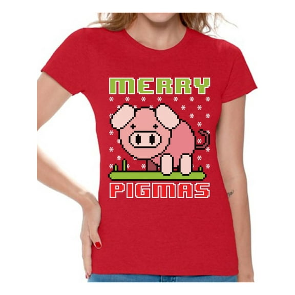 Awkward Styles Merry Pigmas Tshirt for Women Piggy Christmas Shirt Funny Christmas Gifts for Her Women's Christmas T Shirt Xmas Gifts for Animal Lovers Cartoon Pig Xmas Tshirt Xmas Pig Outfit