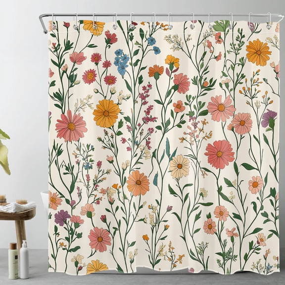 HVEST Boho Floral Shower Curtain, Wildflower Beige Botanical Flower Shower Curtain - Rustic Beige Bathroom Decor, Waterproof Polyester Fabric, Includes 12 Hooks, 72x72 Inches