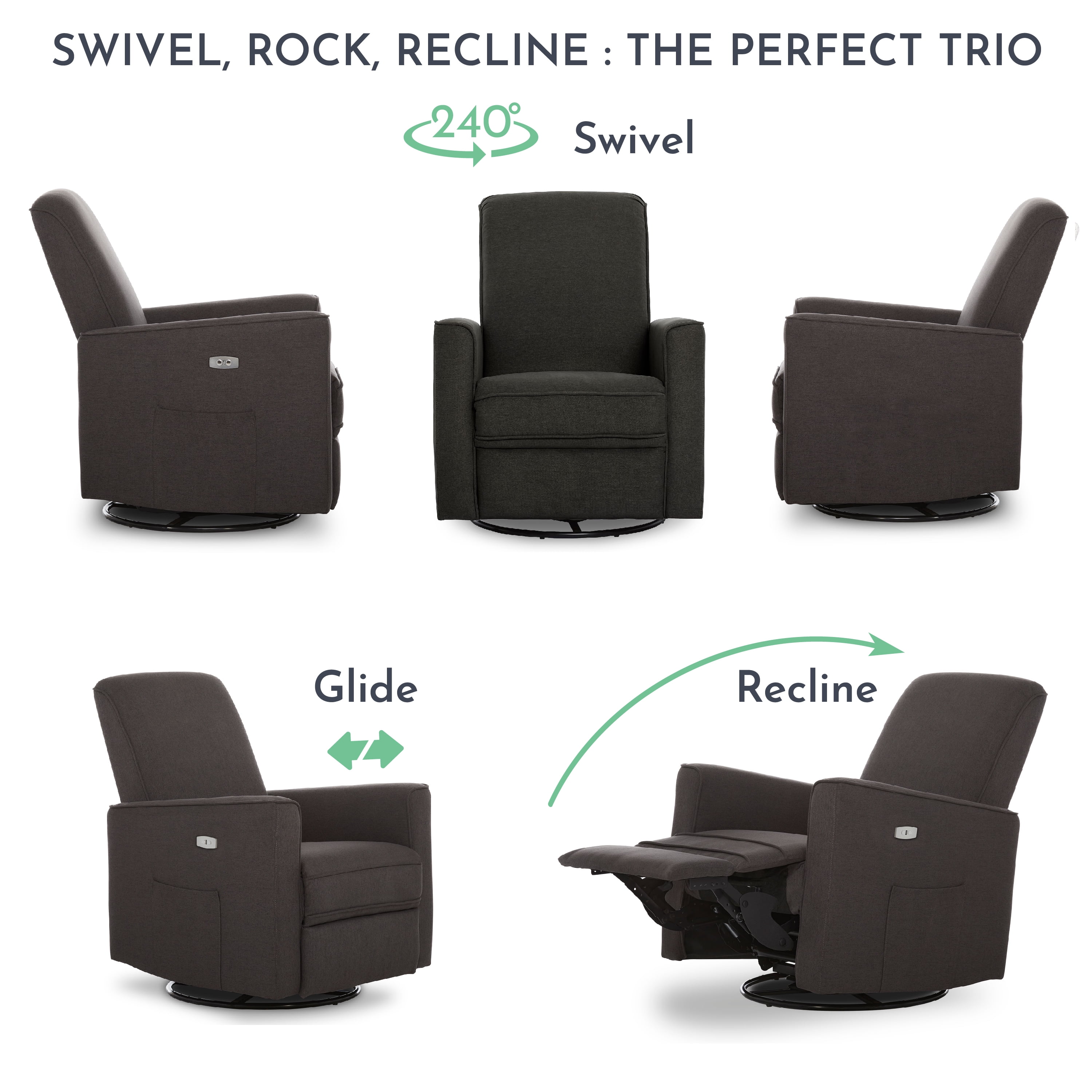 Evolur Harlow Power Recliner Glide Rocker with USB Port, Charcoal, Greenguard Gold Certified