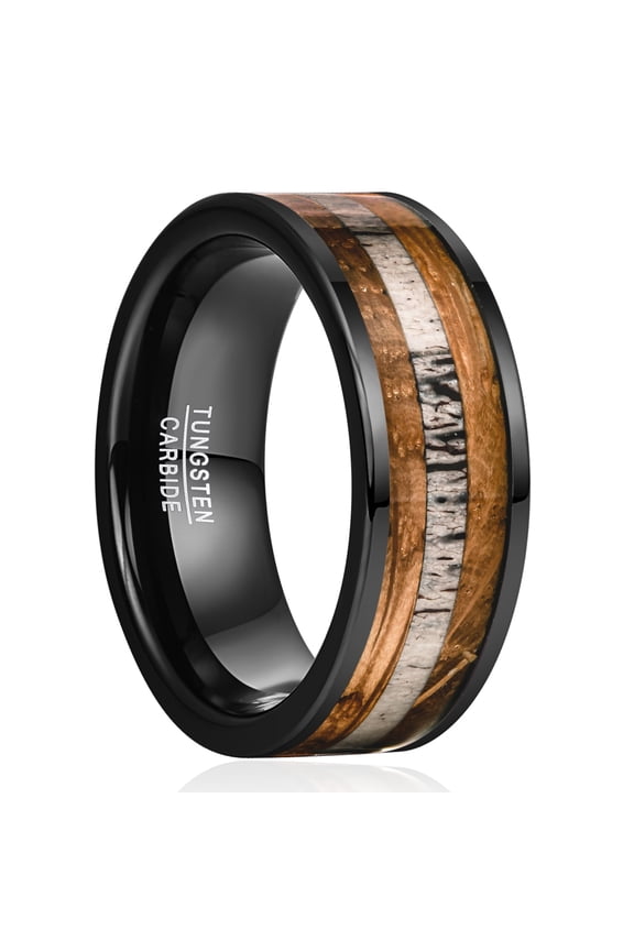 Black Tungsten Ring for Men Whiskey Barrel Wood Deer Antler Center Inlay Wedding Band Flat Edge Comfort Fit Size 7-12