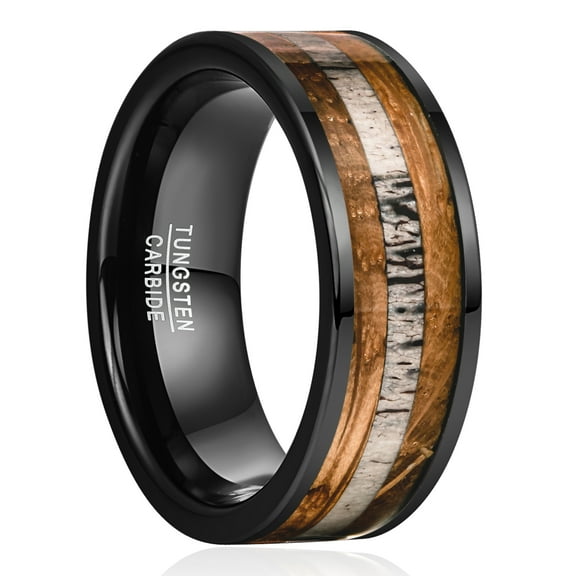 JQUEEN Black Tungsten Ring for Men Whiskey Barrel Wood Deer Antler Center Inlay Wedding Band Flat Edge Comfort Fit Size 7-12