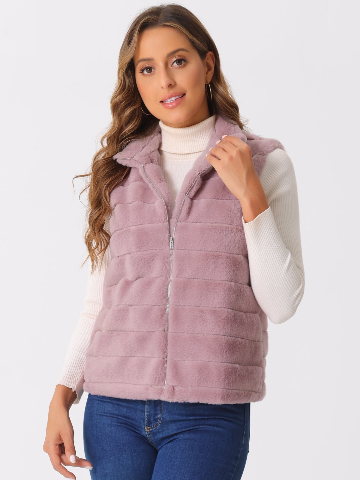 DARING DIVA Women's Stand Collar Fluffy Vest Faux Fur Sleeveless Coat S Pink