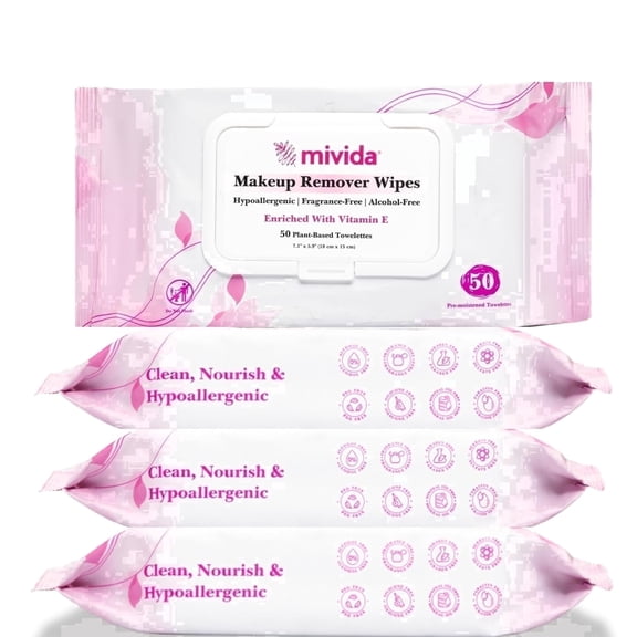 mivida Hypoallergenic Makeup Remover Wipes, Vitamin E & Fragrance-Free, 200 Count (4 Pack of 50)