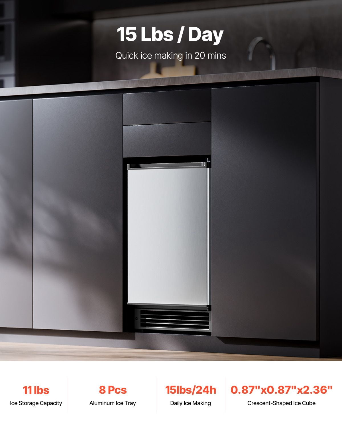 15 lb/Day Built-in Undercounter Ice Maker with Reversible Door