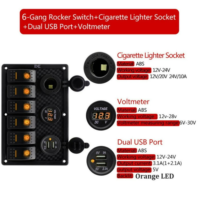 Genuine Marine 4 Gang Waterproof Marine Boat Rocker Switch Panel, 3.1A Dual  USB Outlet and 12V DC Power Socket with 15A Fuse, Orange Indicator Light