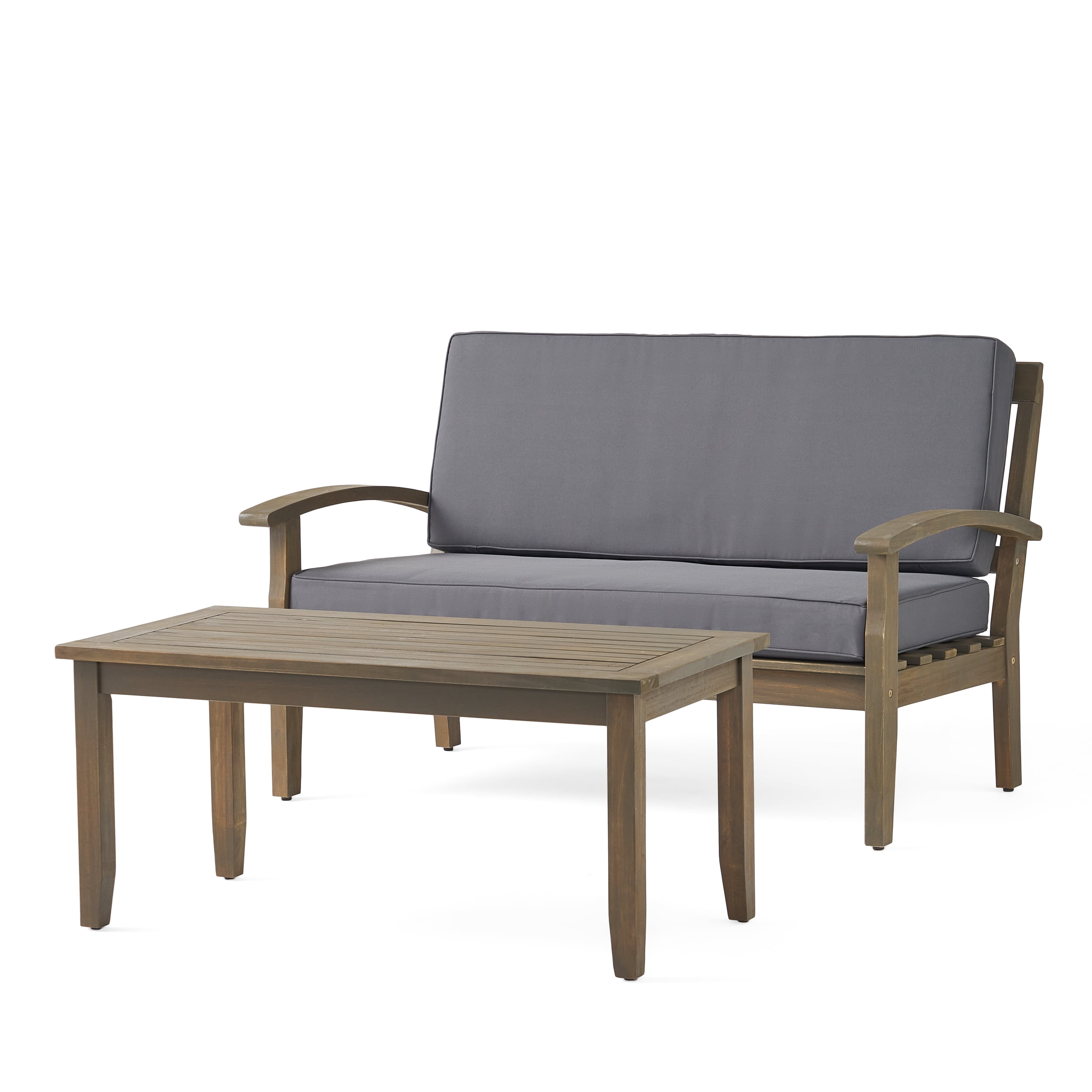 Outdoor Loveseat and Coffee Table Combined Leisure Set, Acacia Wood Frame Furniture for Patio Garden, Gray