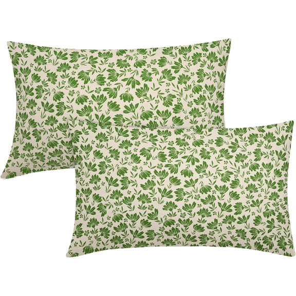 Daisy Floral Block Print Lumbar Pillow Covers 12X20 Inch Lime Green Beige Flowers Decorative Pillow Cases Set of 2 Farmhouse Home Decor Vintage Rustic Cute Throw Pillows for Sofa Couch Outdoor