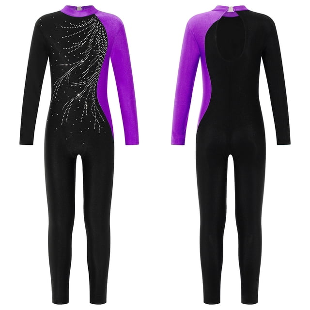 RUNQHUI Combinaison de Danse Intégrale avec Strass pour Filles, une Pièce, Patinage sur Glace, Justaucorps de Ballet Violet 16