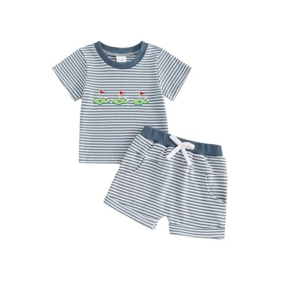 BemeyourBBs Toddler Baby Boys Golf Outfit Infant Baby Boy Summer Clothes Waffled Striped Golf Embroidery Short Sleeves T-Shirt and ElasticPockets Shorts Set Toddler Boy 2 Piece Summer Outfit