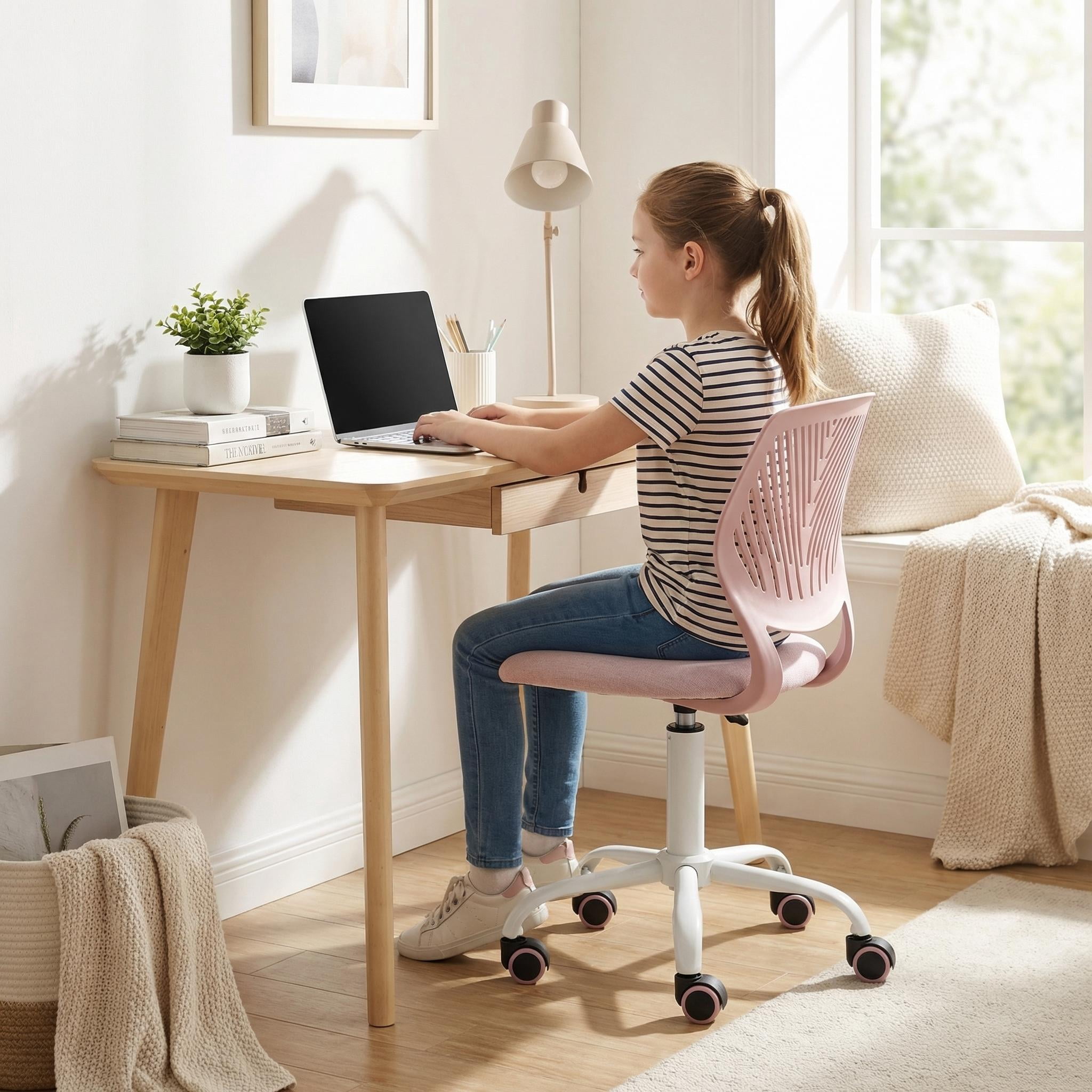 Homy Casa Teen Desk Chair, Adjustable Swivel Mesh Back Vanity Chair for Bedroom Study, Pink
