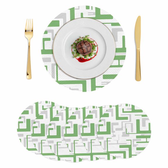 Modern Geometric Green Round 15 Inch Placemats Set of 6, Abstract Minimalist Artwork Lines HeatResistant Non Slip Place Mats for Dining Table, Wipeable Braided Kitchen Table Mats for Housewarming
