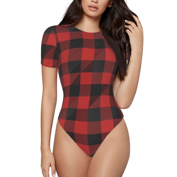 Bingfone Red Black Plaid Pattern Women's Round Neck Bodysuit, Tight Snap Button Short Sleeve Bodysuit, Suitable for Party, Sports, Daily Wear-X-Large