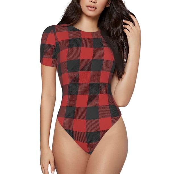 Fotbe Red Black Plaid Body de Mujer con Cuello Redondo y Mangas Cortas, Sin Mangas Ajustado, Suave, Cómodo y Básico-Medium