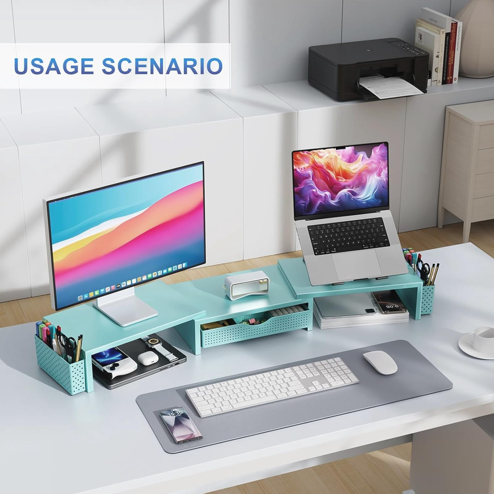 Dual Monitor Stand Riser  Desk Organizer With Drawer And 2 Pen Holders For Office Decor (blue)