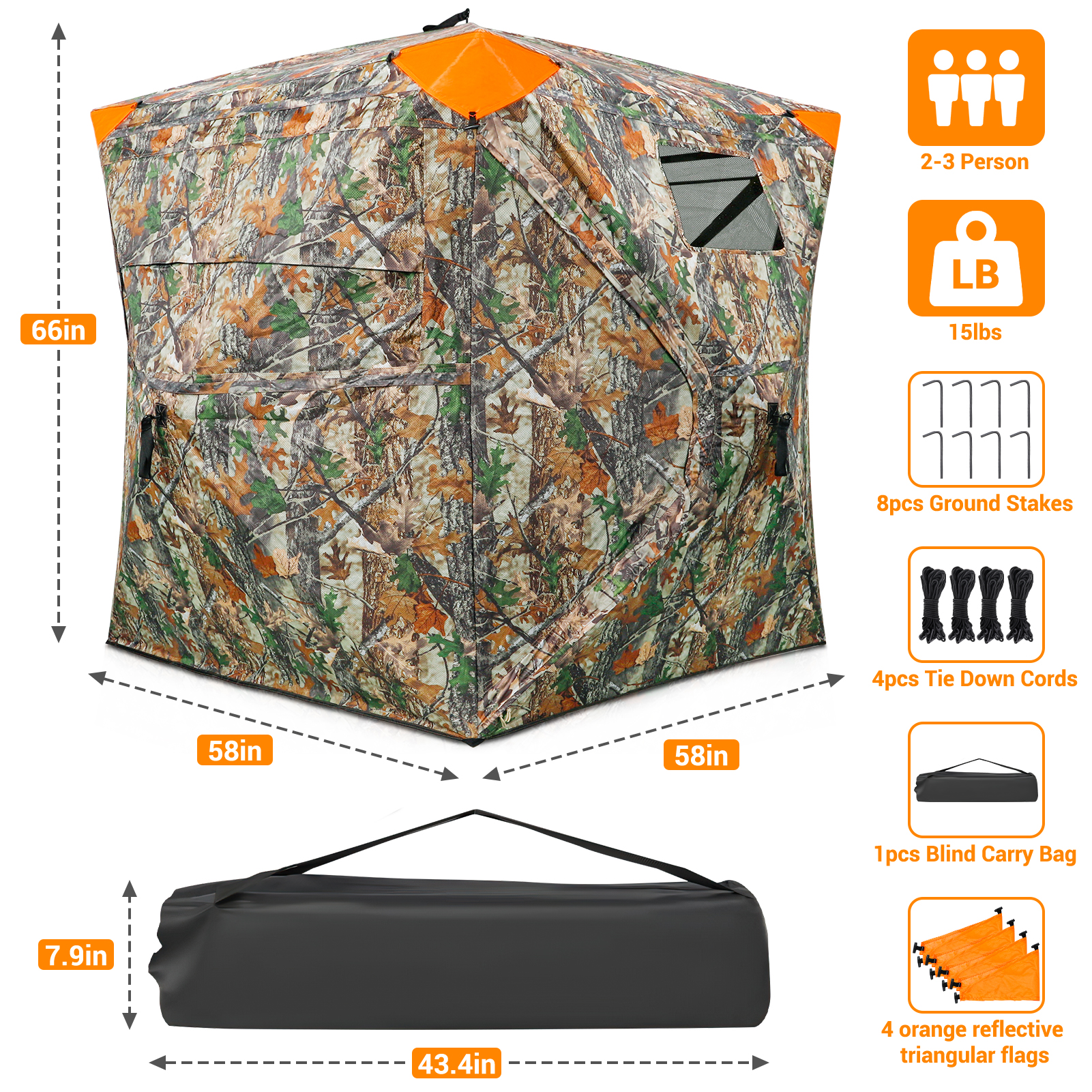 GIKPAL Portable 2-3 Person 270 Degree See Through Hunting Blind Pop-Up Ground Blind with Tie-downs & Carrying Bag for Deer, Duck and Turkey Hunting