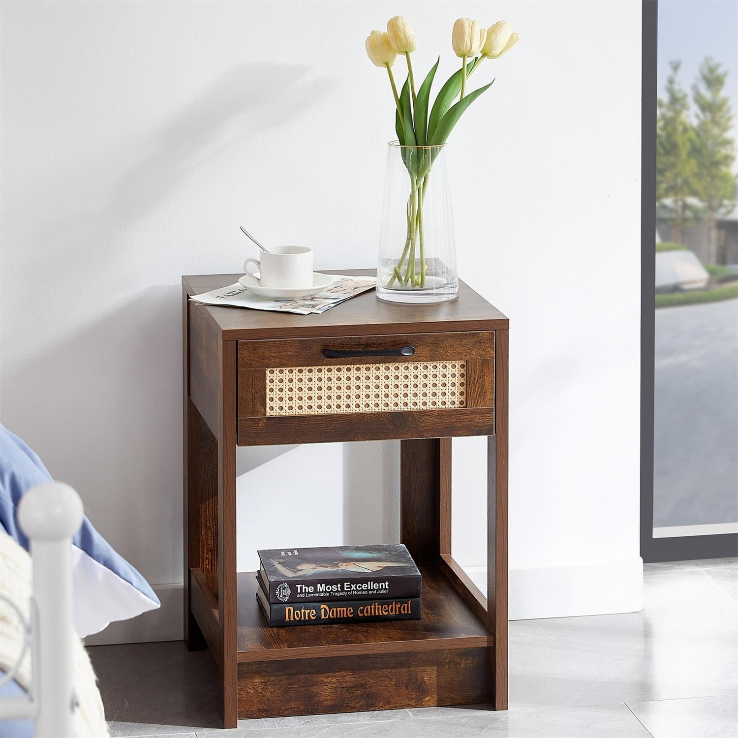 Kadyn Rattan Side Table, 15.75" Bedside Table with Drawer, Modern Farmhouse Nightstand for Living Roon, Rustic Brown Kadyn Rattan Side Table, 15.75" Bedside Table with Drawer, Modern Farmhouse Nightstand for Living Roon, Rustic Brown