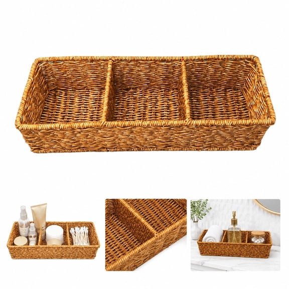 3-Compartment Woven Storage Basket, 16.5 in, Natural Brown