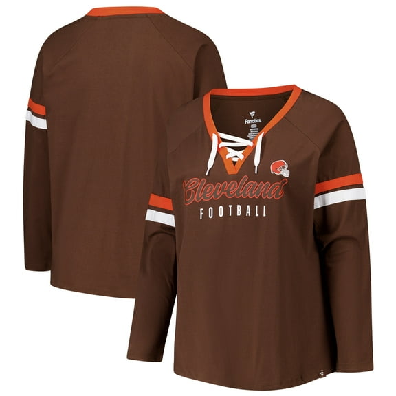 Women's Fanatics Brown Cleveland Browns Plus Size Won & Done Lace-Up V-Neck Long Sleeve T-Shirt
