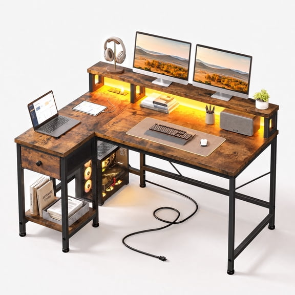 Romorgniz 40" L Shaped Desk with Monitor Stand, Drawer & LED Lights, Carbon Steel & Wood Office Desk for Home Office, Corner, Brown