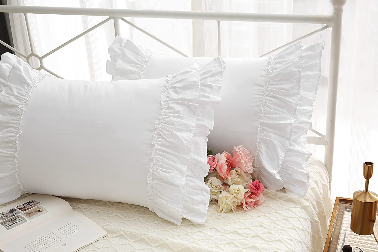 White Ruffled Pillow Shams Standard Twin Size Pillowcases Pure Cotton Pillow Covers 20"x26" 2-Pack