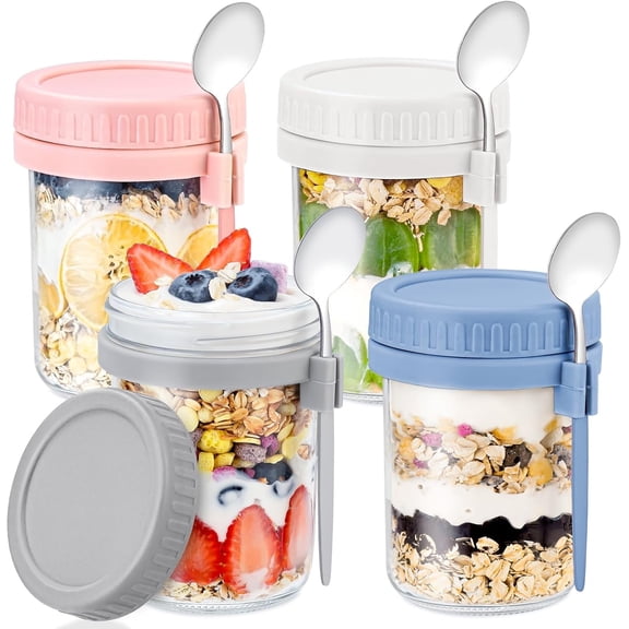 4 Pack Overnight Oats Containers with Lids and Spoons - 16 Oz Glass Mason Jars for Overnight Oats Leak Proof Oatmeal Container Great for Cereal Fruit Vegetable Milk Salad Yogurt Meal Prep