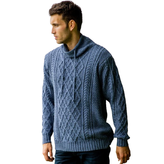 Aran Merino Wool Collared Irish Sweater Men's Knitted Pullover with Drawcords Made in Ireland