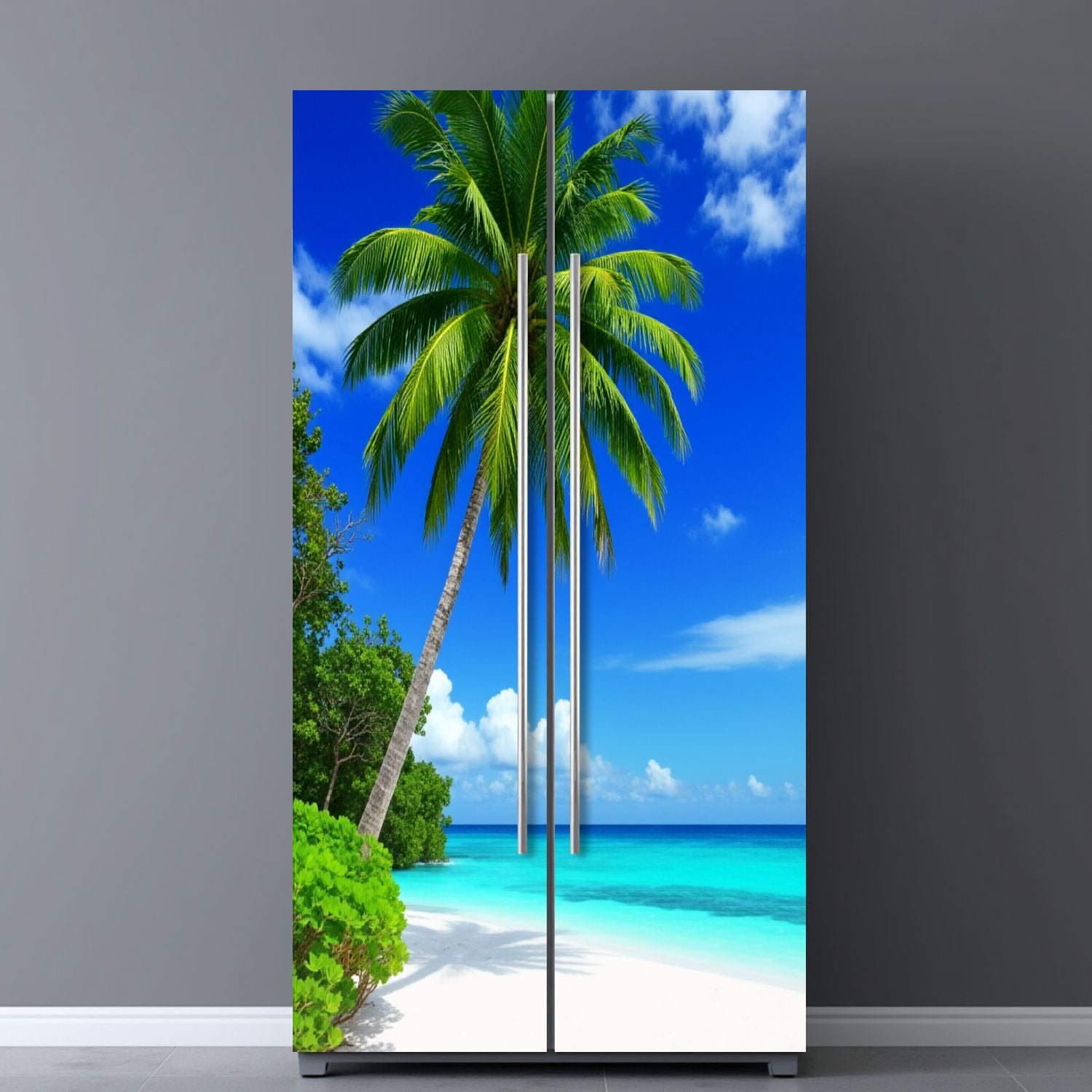 Self Adhesive Vinyl Refrigerator Wrap Set Tropical Paradise Beach Maldives Door Mural Removable Fridge Sticker Peel and Stick&nbsp;Full Door Cover Decal Kitchen Bar Decor