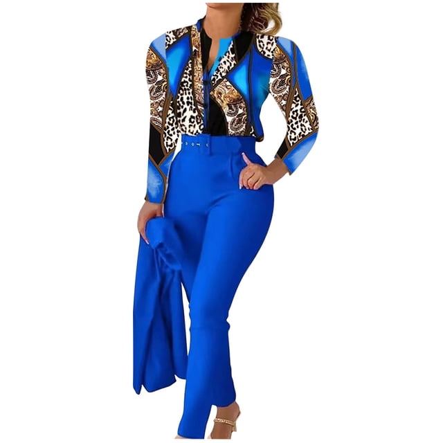 DPTALR Women V-neck Printed Long Sleeved Top Add Solid Color Pants Set With Belt