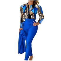 Women Two Piece Sets Fashion Casual V-Neck Printed Long Sleeved Top Add Solid Color Pants Set With Belt Blue S