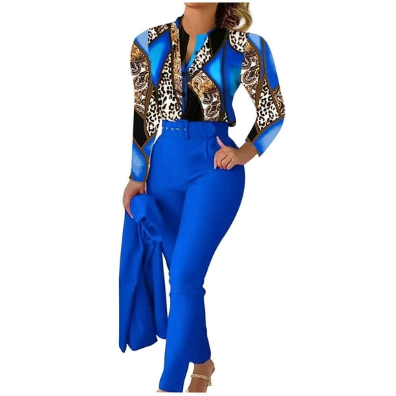 Women Two Piece Sets Fashion Casual V-Neck Printed Long Sleeved Top Add Solid Color Pants Set With Belt Blue L